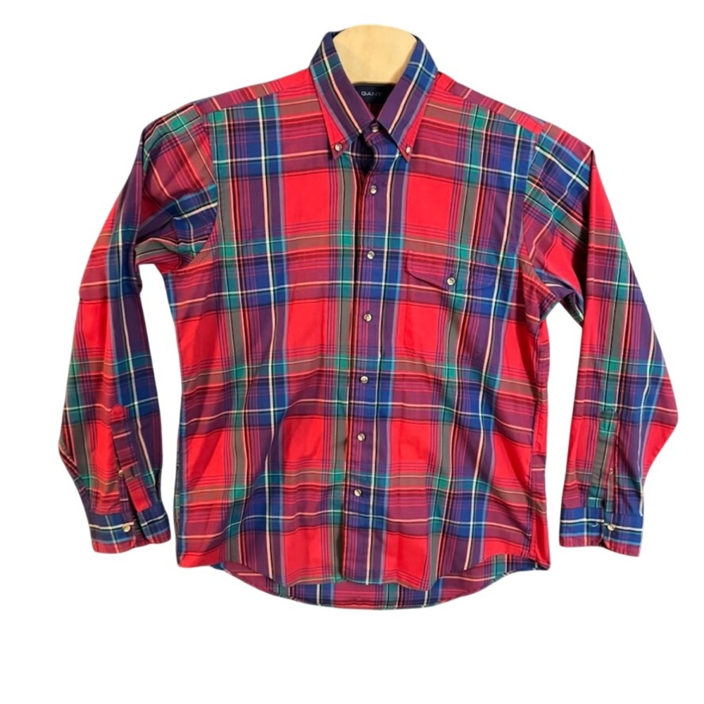 Gant Foxhunt Mens Plaid Button Down Shirt Red Blue Green Long Sleeve Large L